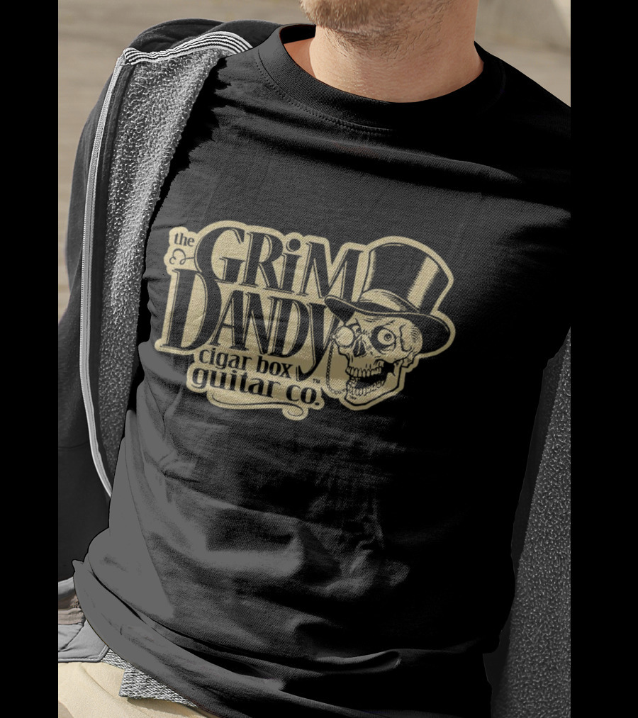 The Grim Dandy Cigar Box Guitar Co Skull In Top Hat T-Shirt