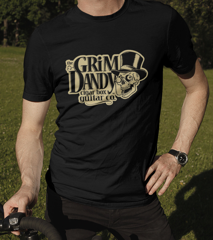 The Grim Dandy Cigar Box Guitar Co Skull In Top Hat T-Shirt