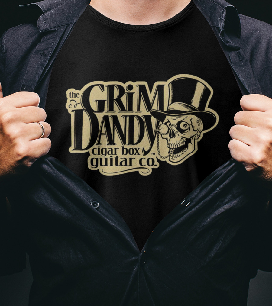 The Grim Dandy Cigar Box Guitar Co Skull In Top Hat T-Shirt