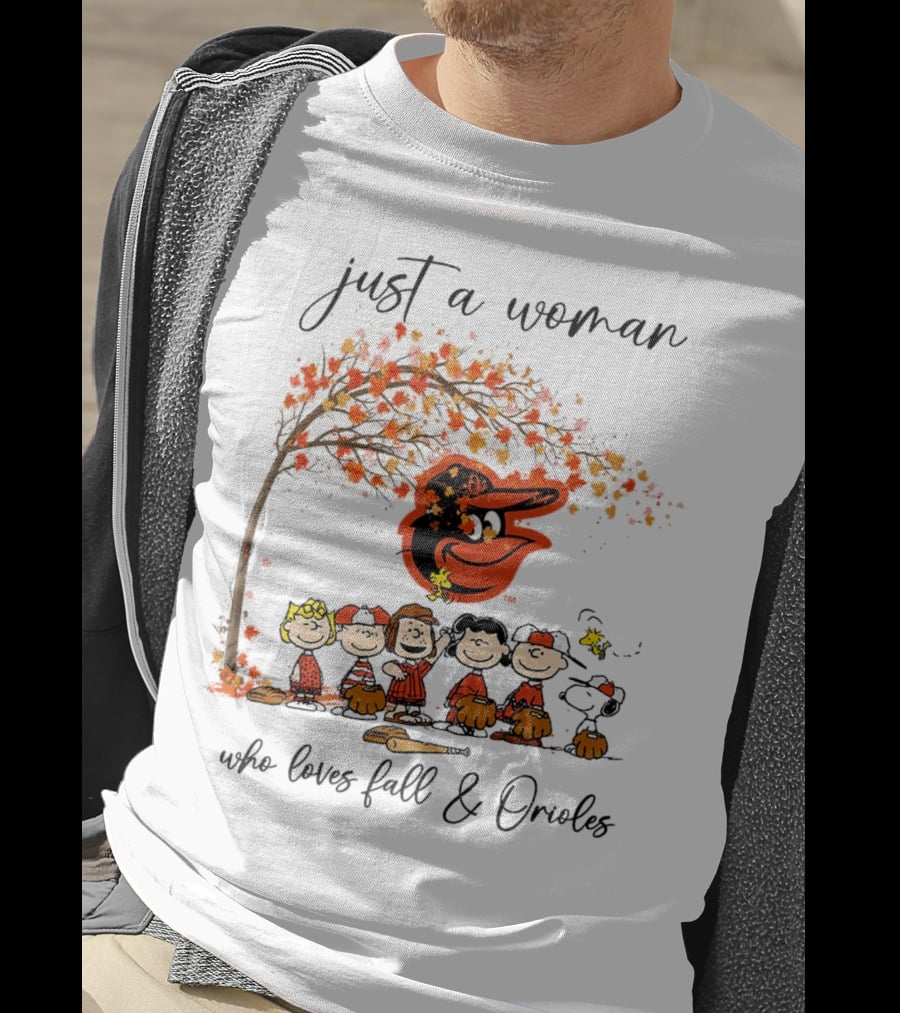 Just A Woman Who Loves Fall And Orioles Peanuts Football Thanksgiving T-Shirt