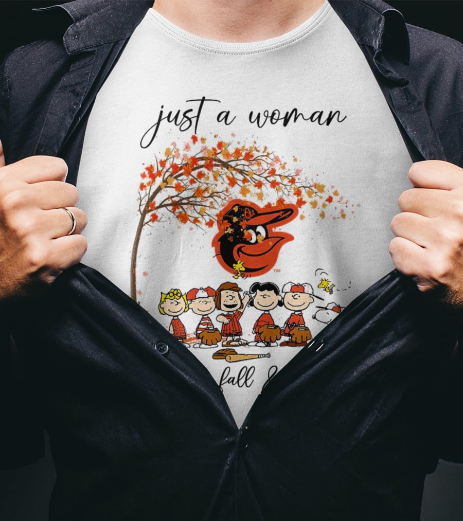 Just A Woman Who Loves Fall And Orioles Peanuts Football Thanksgiving T-Shirt
