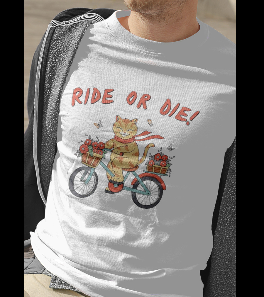 Ride Or Die Catana Bike Riding Cat With Flowers And Scarf T-Shirt