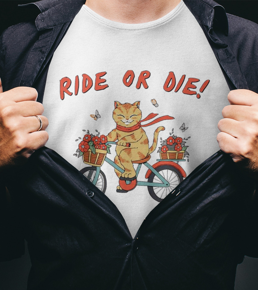 Ride Or Die Catana Bike Riding Cat With Flowers And Scarf T-Shirt