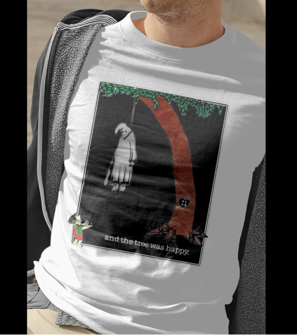 And The Tree Was Happy - Dark Playful Parody Imagery With Hanging Ghostlike Figure And Heart Carved Initials AC T-Shirt