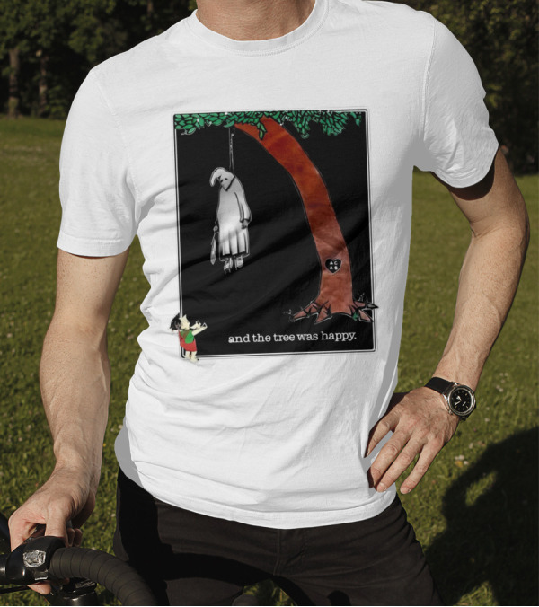 And The Tree Was Happy - Dark Playful Parody Imagery With Hanging Ghostlike Figure And Heart Carved Initials AC T-Shirt
