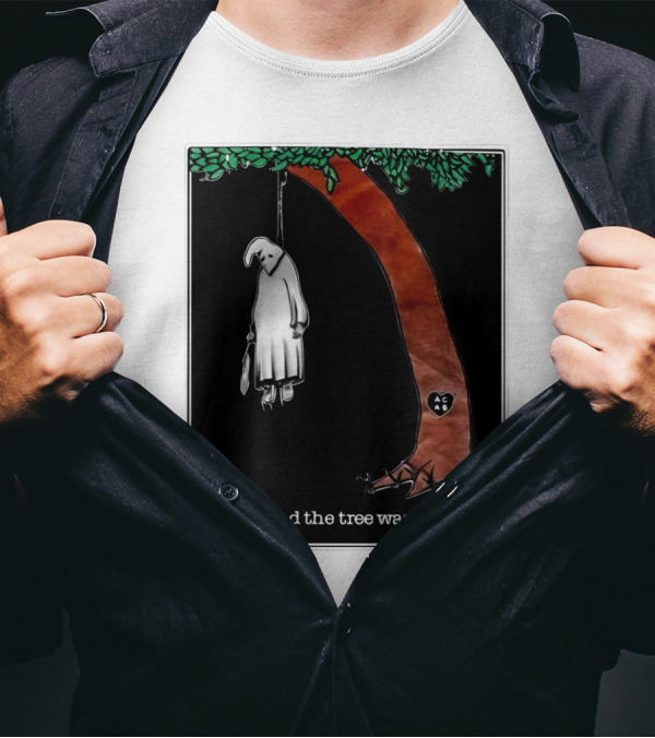 And The Tree Was Happy - Dark Playful Parody Imagery With Hanging Ghostlike Figure And Heart Carved Initials AC T-Shirt