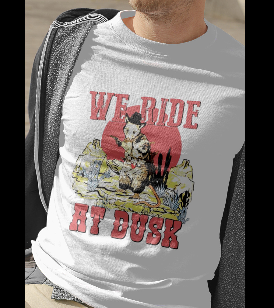 Raccoon Cowboy Desert Adventure We Ride At Dusk T-Shirt