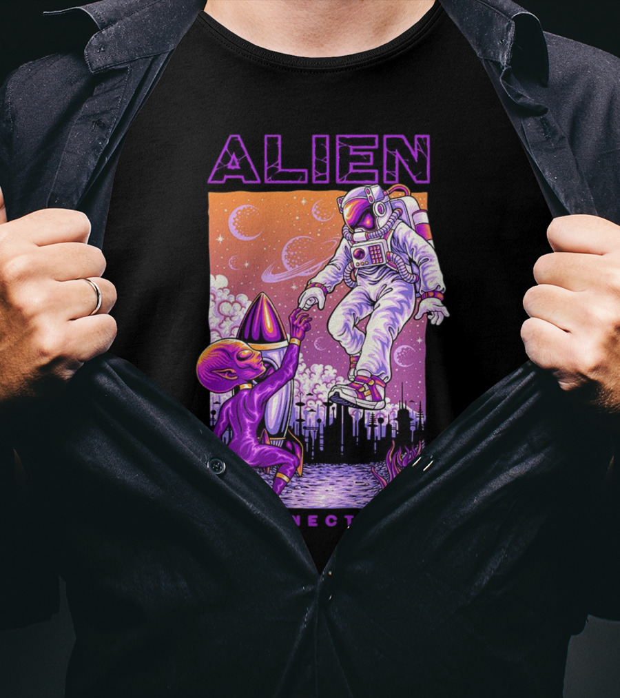 Alien And Astronaut Universal Bond Under Neon Cosmic Sky T-Shirt