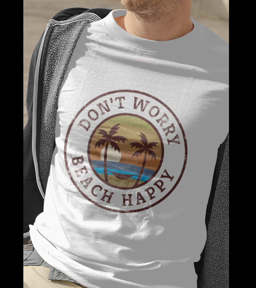 Don’t Worry Beach Happy Palm Trees Sunset Hammock Retro Circle T-Shirt