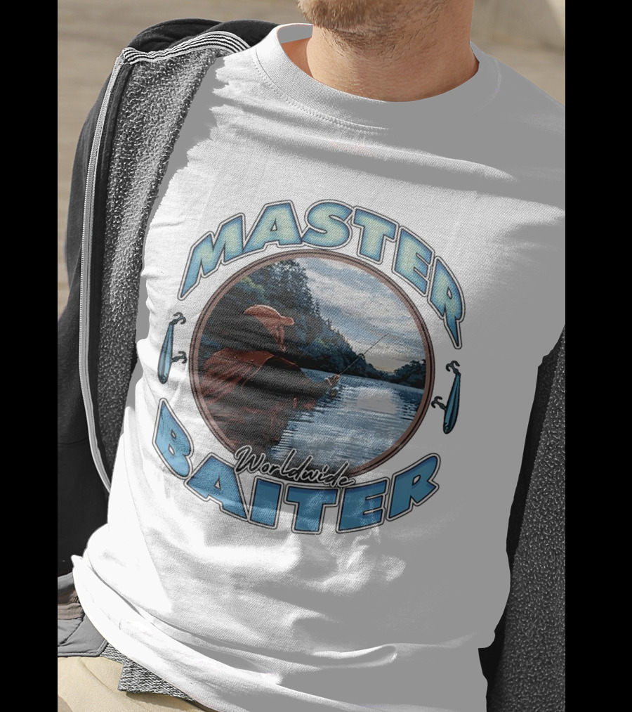 Master Baiter Worldwide Fishing Scene With Blue Text And Water Reflection T-Shirt