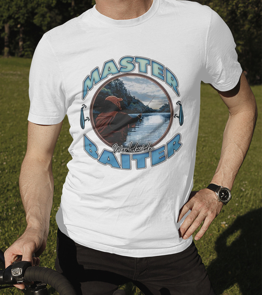 Master Baiter Worldwide Fishing Scene With Blue Text And Water Reflection T-Shirt