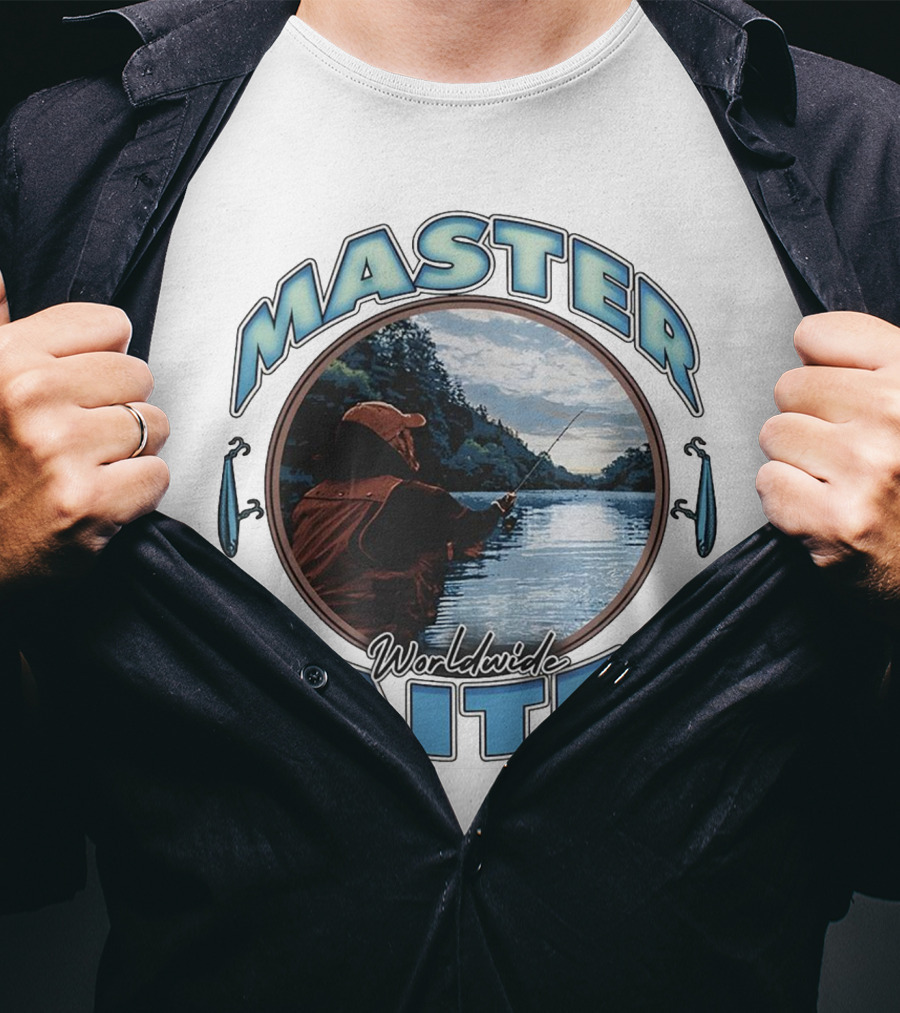 Master Baiter Worldwide Fishing Scene With Blue Text And Water Reflection T-Shirt