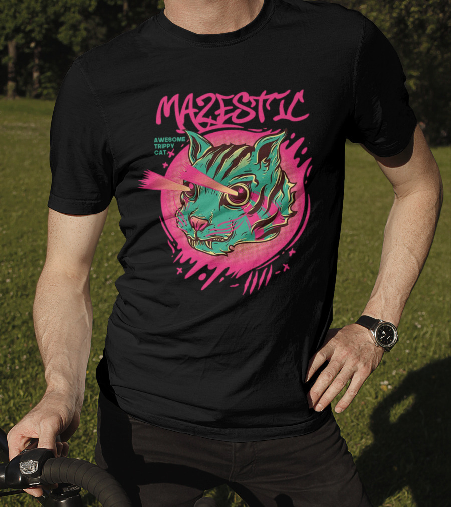 Mazestic Awesome Trippy Cat Psychedelic Neon Laser Eyes T-Shirt