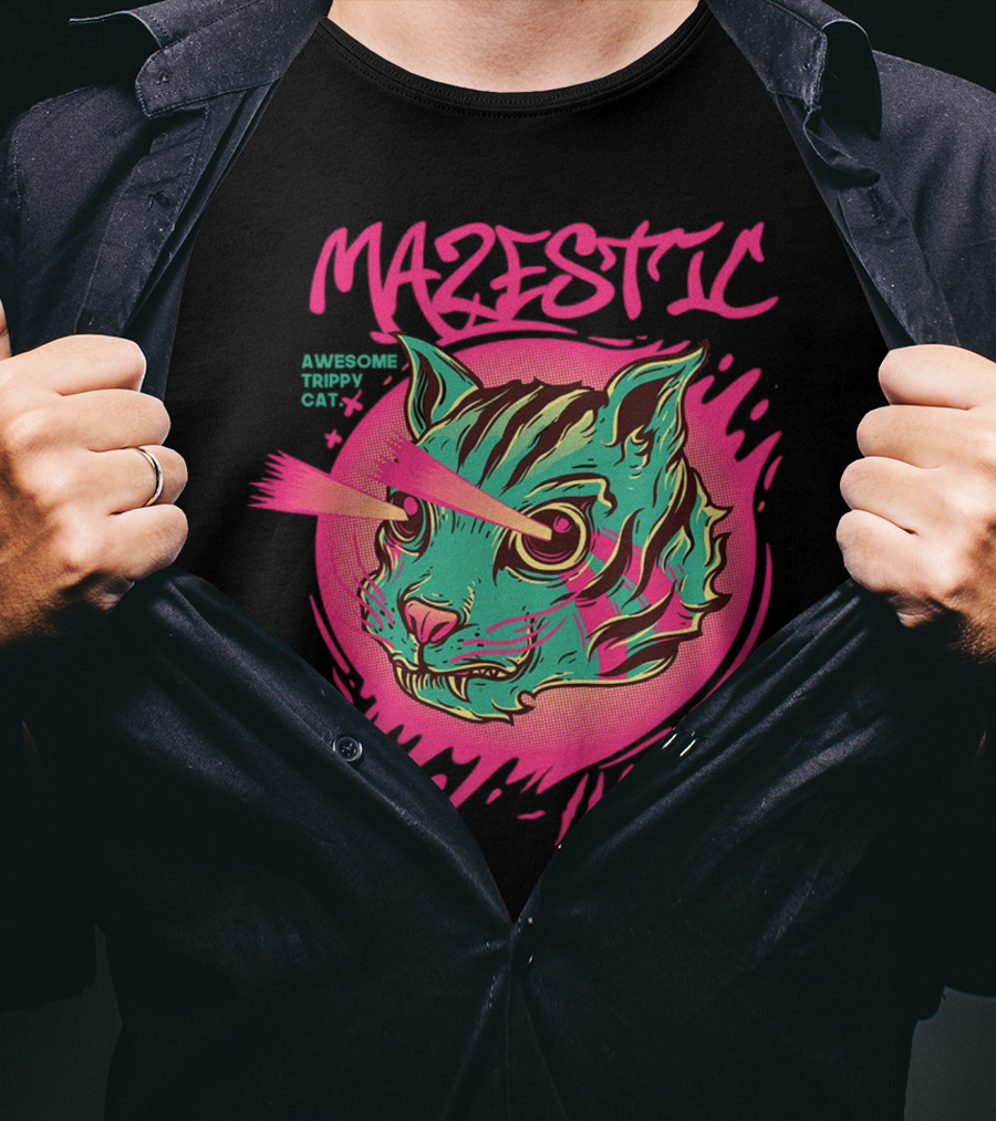 Mazestic Awesome Trippy Cat Psychedelic Neon Laser Eyes T-Shirt