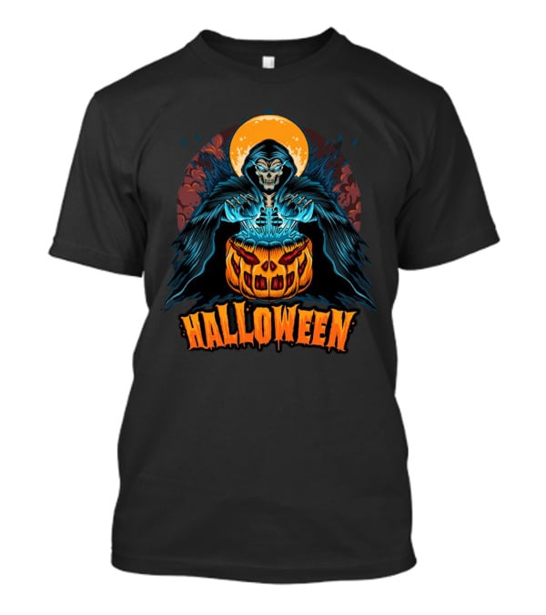 Grim Reaper With Pumpkin And Full Moon Halloween T-Shirt