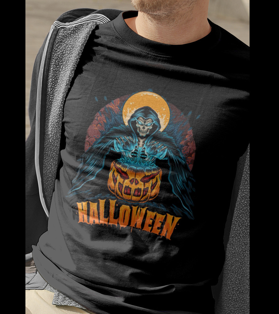 Grim Reaper With Pumpkin And Full Moon Halloween T-Shirt