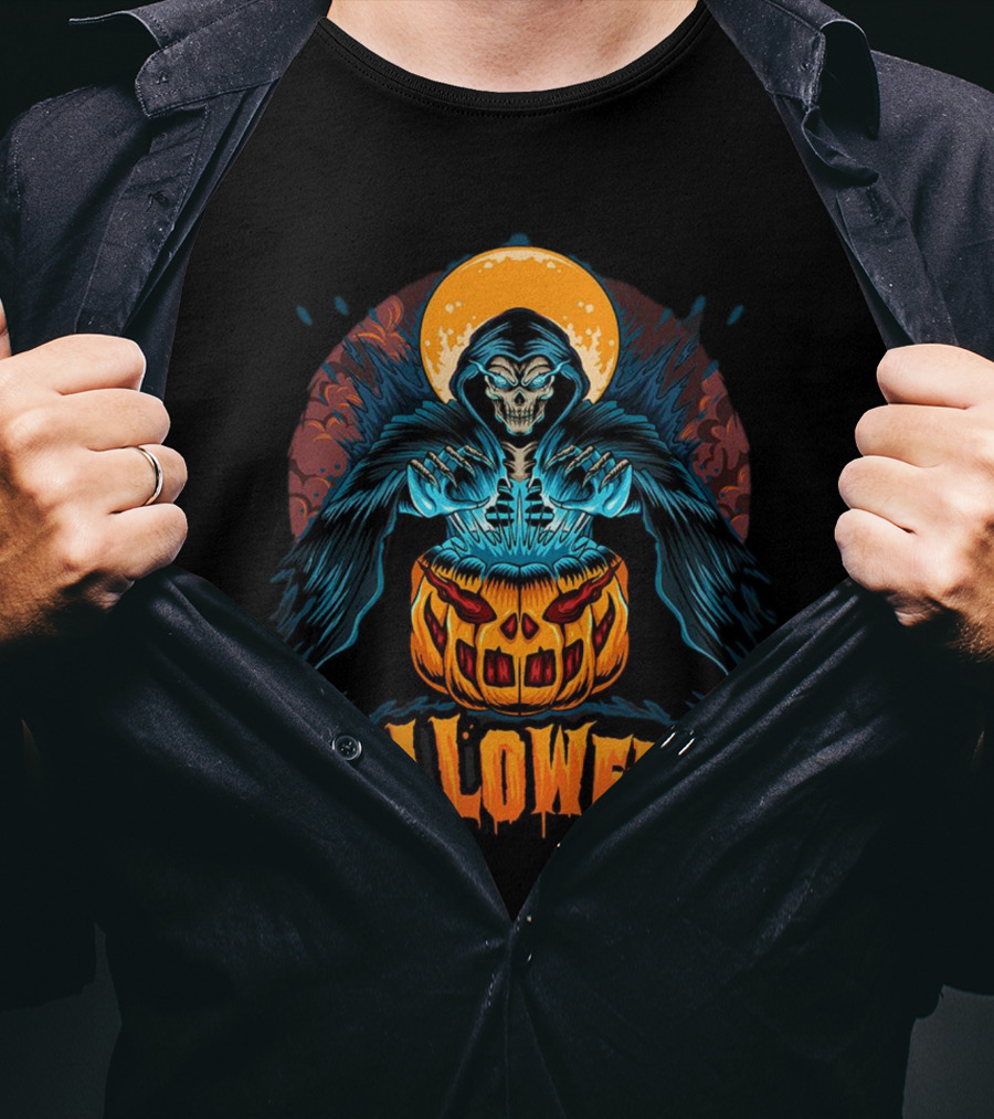 Grim Reaper With Pumpkin And Full Moon Halloween T-Shirt
