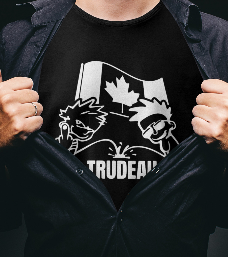 Trudeau Cartoon Characters With Middle Finger And Canadian Flag T-Shirt