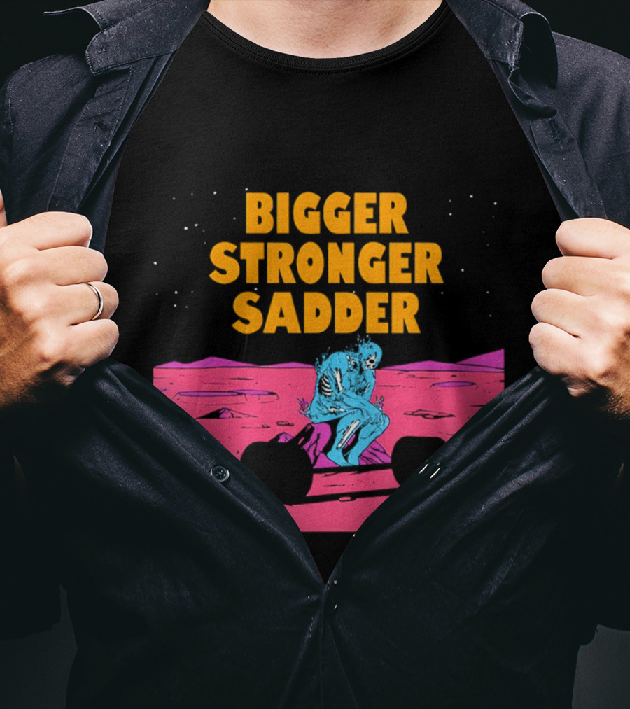 Bigger Stronger Sadder Skeleton Lifting Weights On Alien Planet T-Shirt