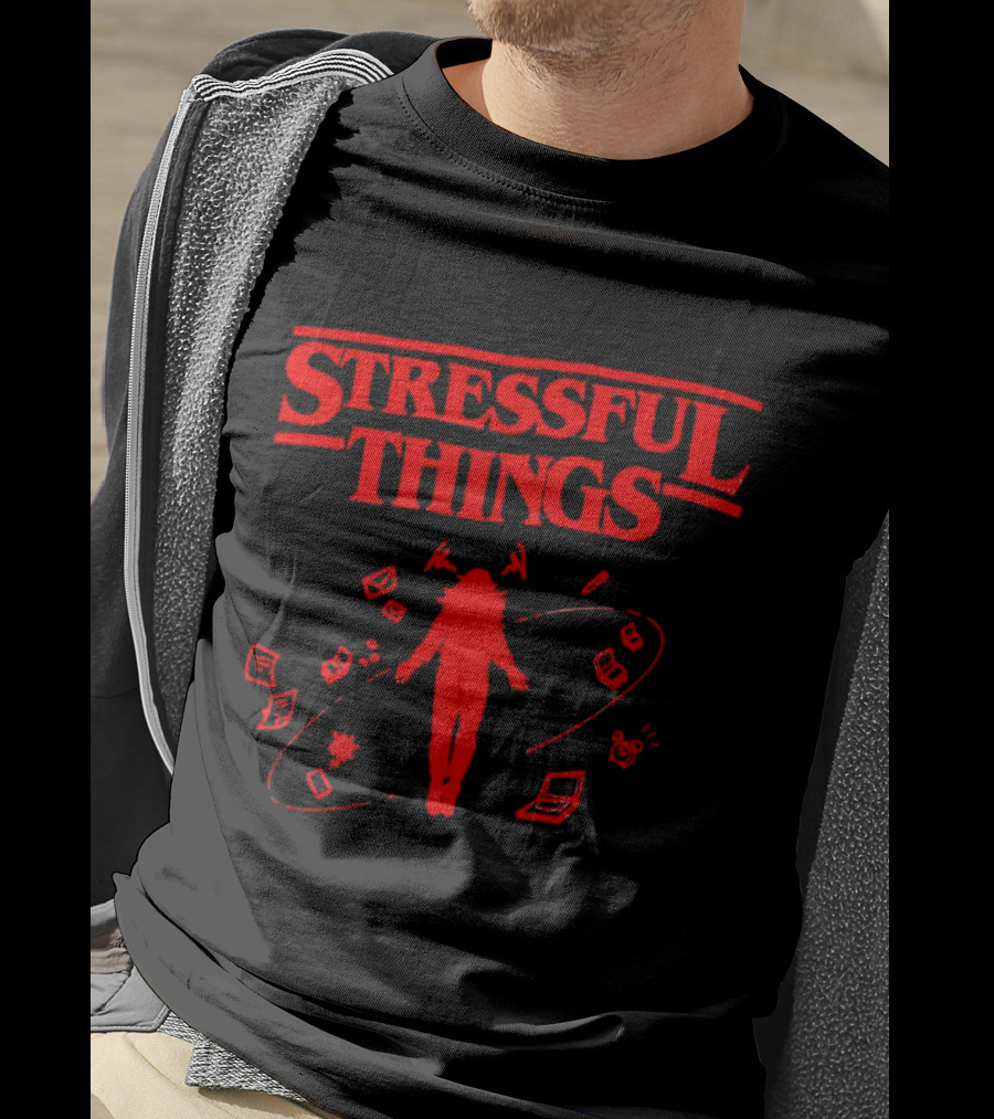 Stressful Things Floating Person With Scribbles And Electronics T-Shirt