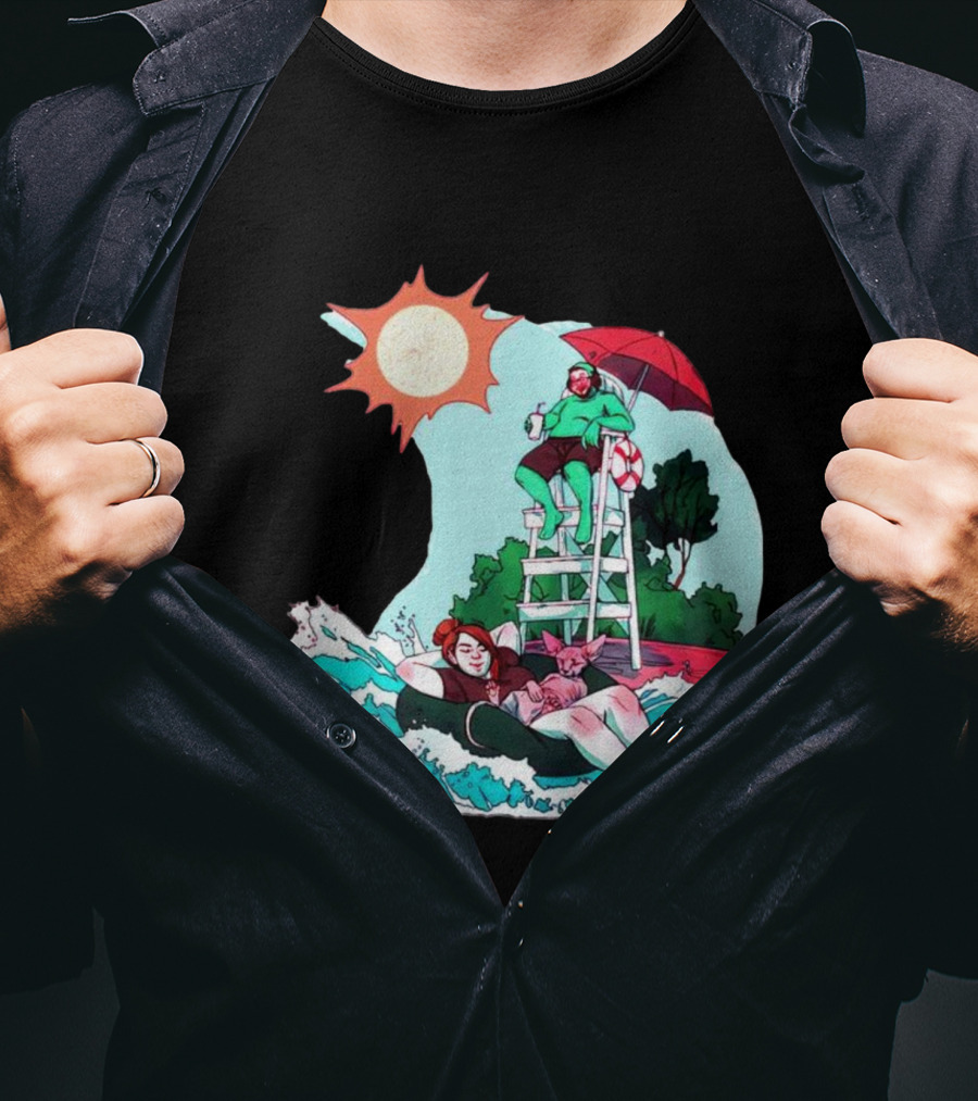 Deadpool Wubby Lifeguard Summer Beach Scene With Pool Float And Sunshine T-Shirt