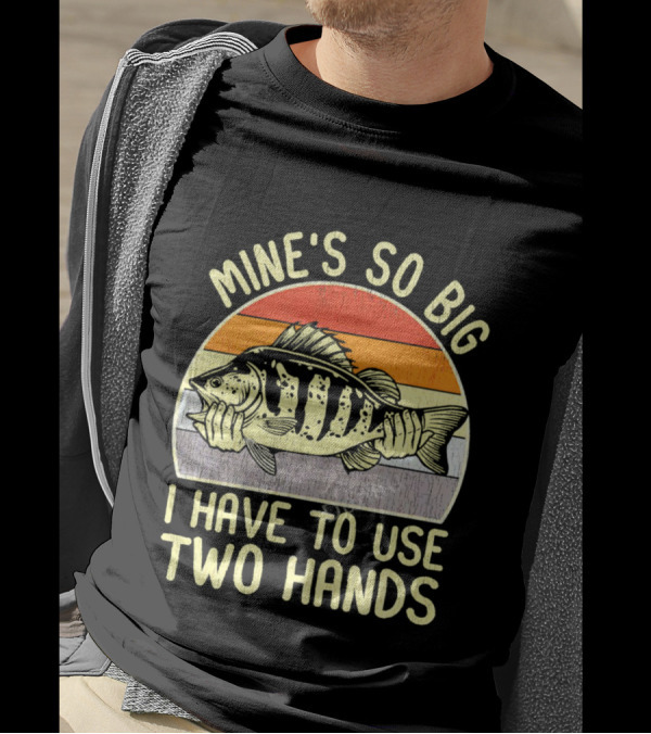 Vintage Fish Mine's So Big I Have To Use Two Hands Retro Sunset Stripes T-Shirt