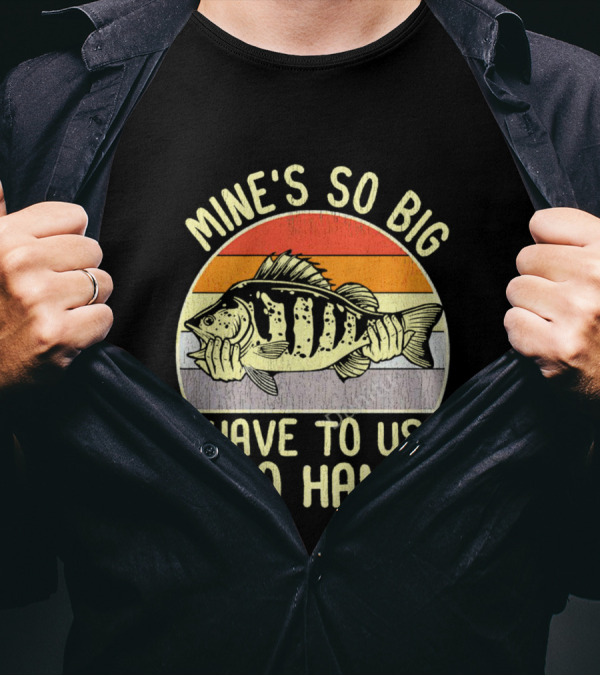 Vintage Fish Mine's So Big I Have To Use Two Hands Retro Sunset Stripes T-Shirt