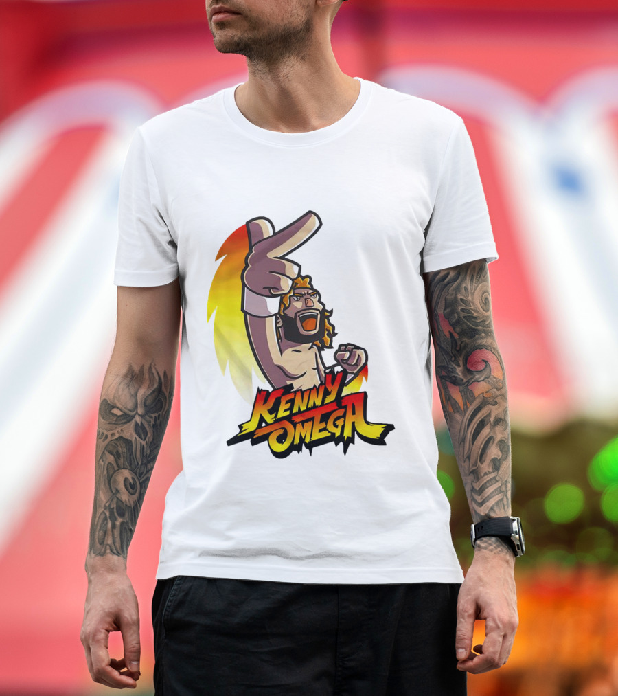 Kenny Omega Cartoon Character with Street Fighter Style Gesture and Two-Finger Pose T-Shirt