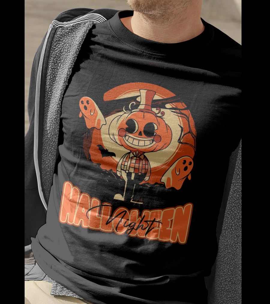 Halloween Night Pumpkin Head Boy With Ghosts And Bats T-Shirt
