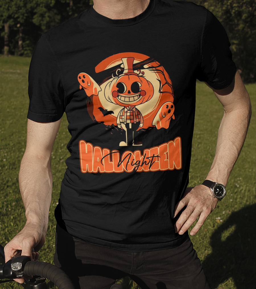 Halloween Night Pumpkin Head Boy With Ghosts And Bats T-Shirt