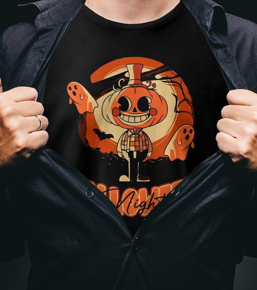 Halloween Night Pumpkin Head Boy With Ghosts And Bats T-Shirt