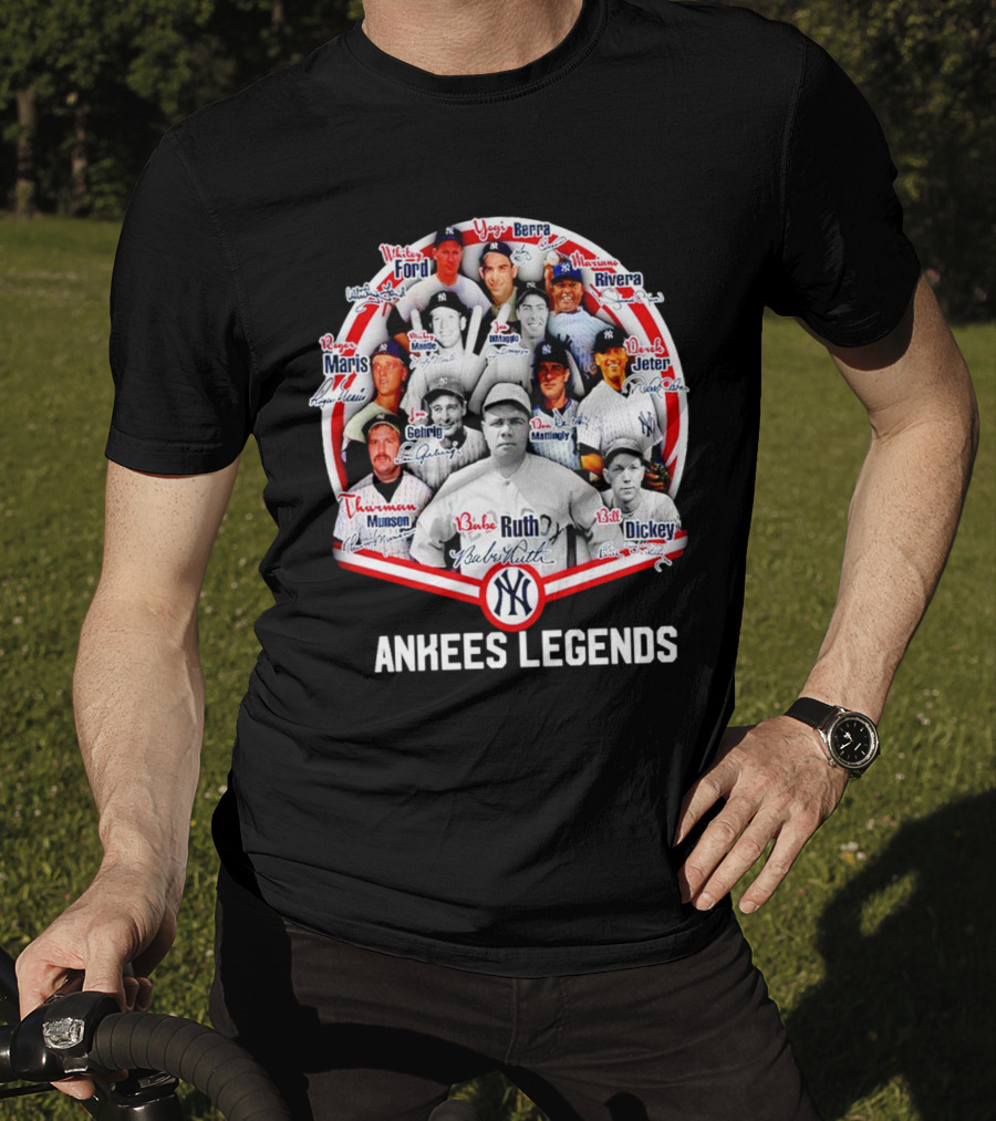 NEW Yankees Legends Babe Ruth Mickey Mantle Derek Jeter Rivera Berra Gehrig Signature T-Shirt