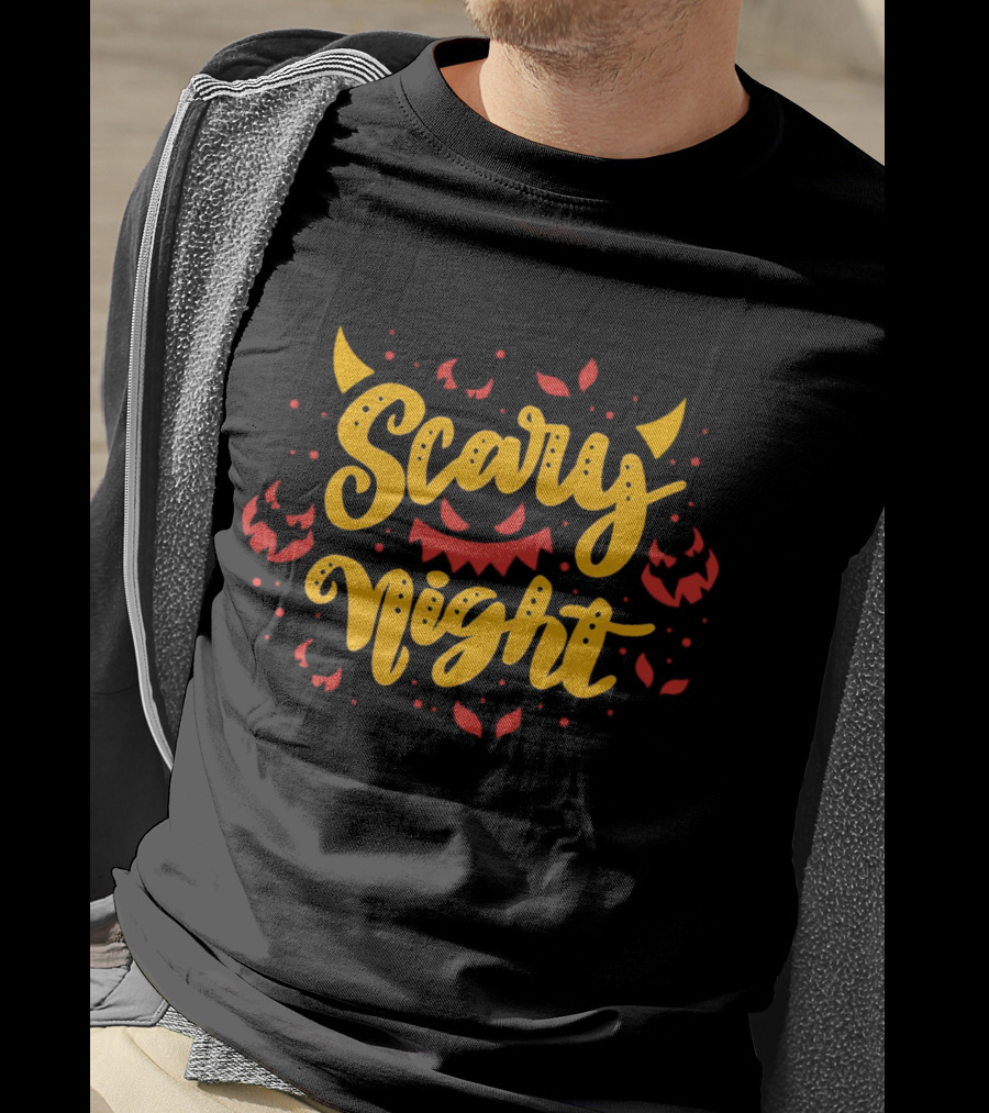 Scary Night Halloween Pumpkin Faces And Demon Horns T-Shirt