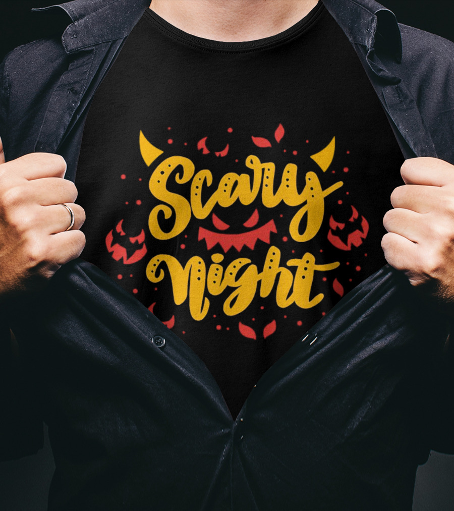 Scary Night Halloween Pumpkin Faces And Demon Horns T-Shirt