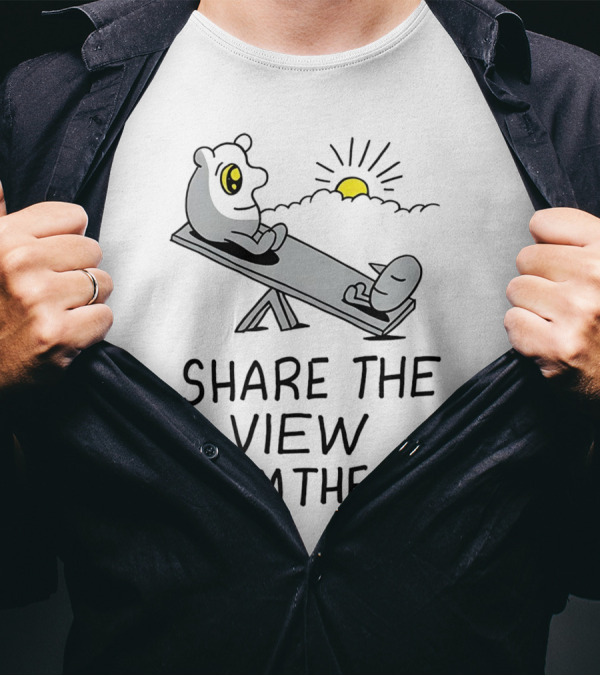 Share The View From The Top - Cartoon Figures On Teeter-Totter With Sunset T-Shirt