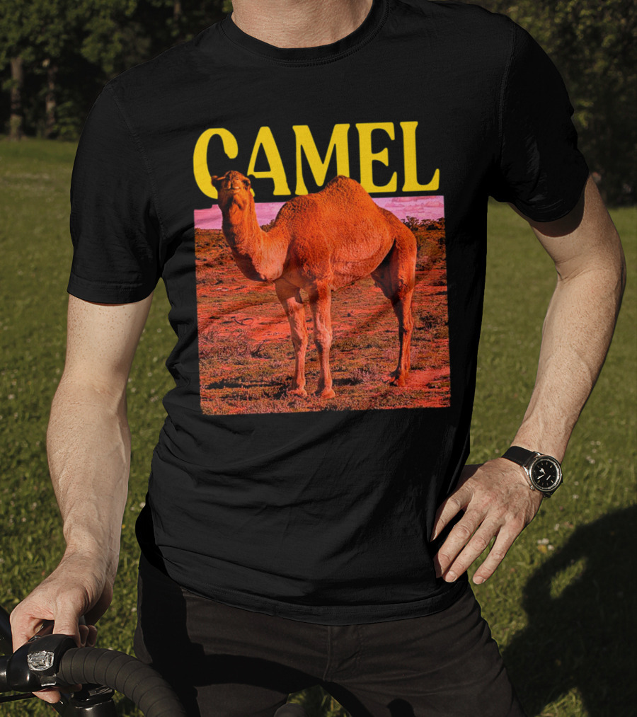 Camel In Vibrant Orange Desert Landscape T-Shirt