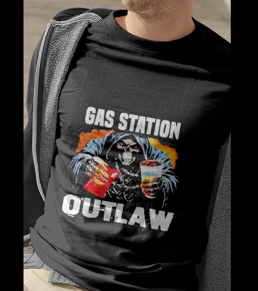 Gas Station Outlaw Chips Fiery Skull T-Shirt