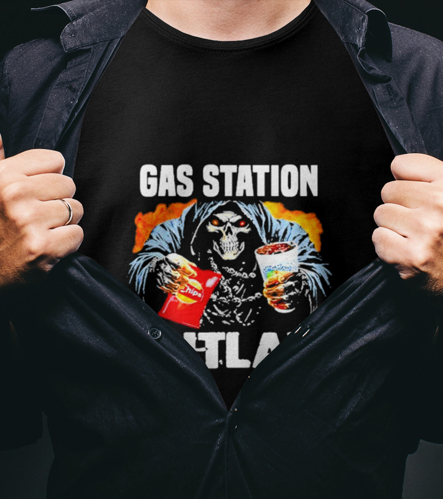 Gas Station Outlaw Chips Fiery Skull T-Shirt