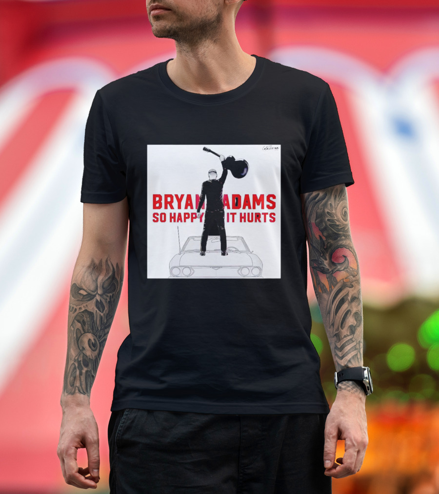 Bryan Adams So Happy It Hurts Album Cover Art Standing on Car with Guitar T-Shirt