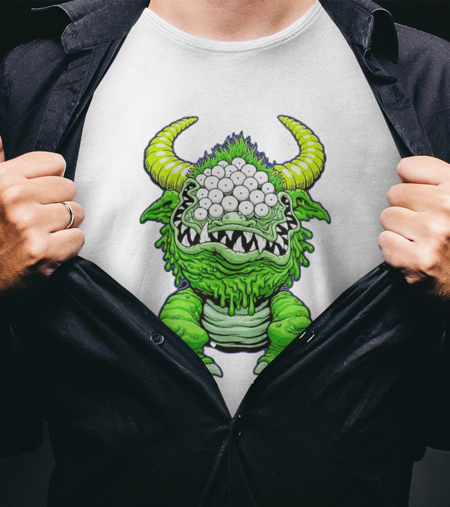 Black Beast Of Aaaarrgghh Multi-Eyed Green Monster With Horns T-Shirt