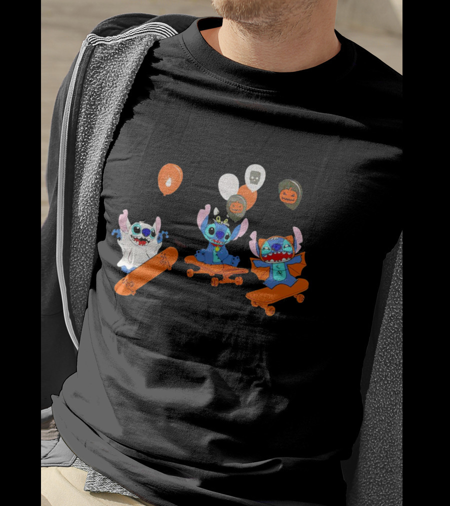 Stitch Skateboarding Halloween Balloons Cute Ghost Pumpkin T-Shirt