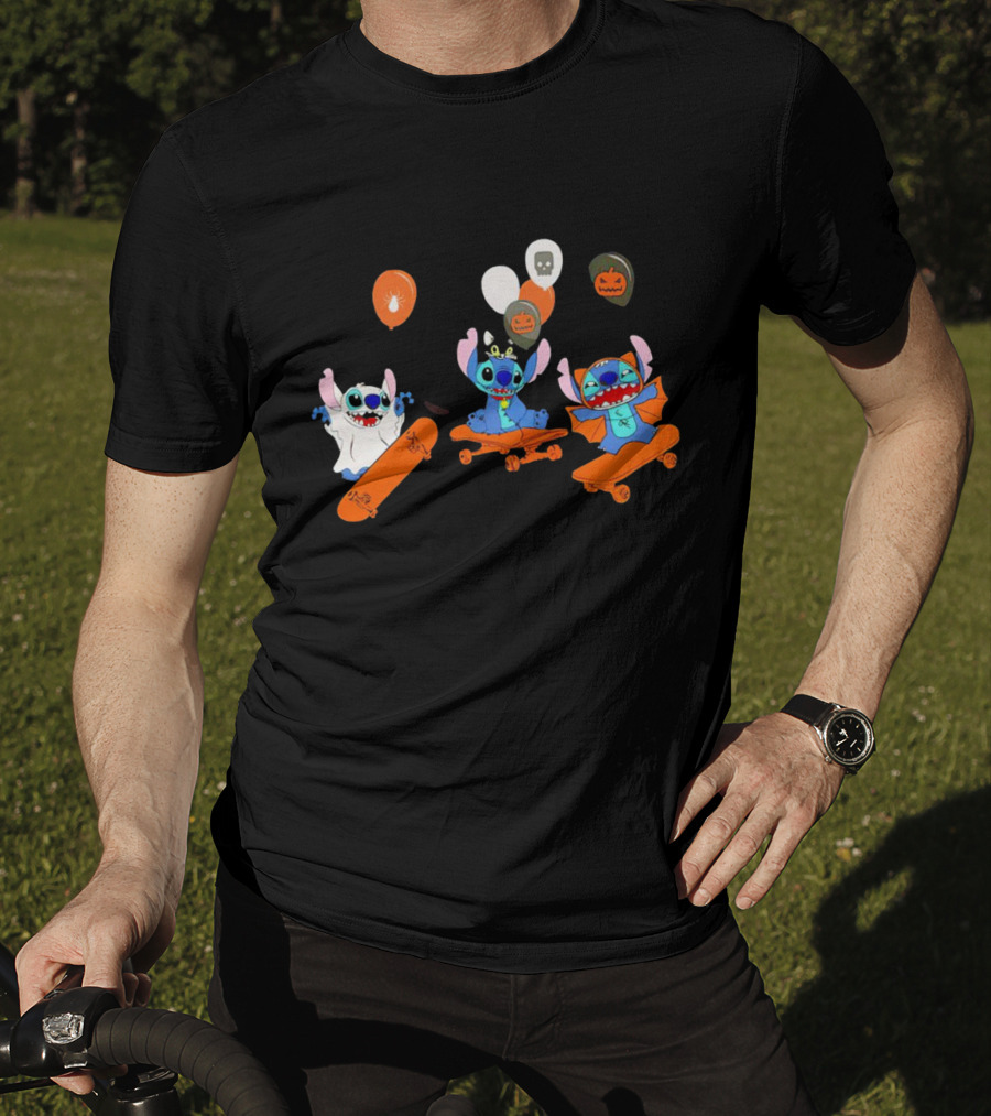 Stitch Skateboarding Halloween Balloons Cute Ghost Pumpkin T-Shirt