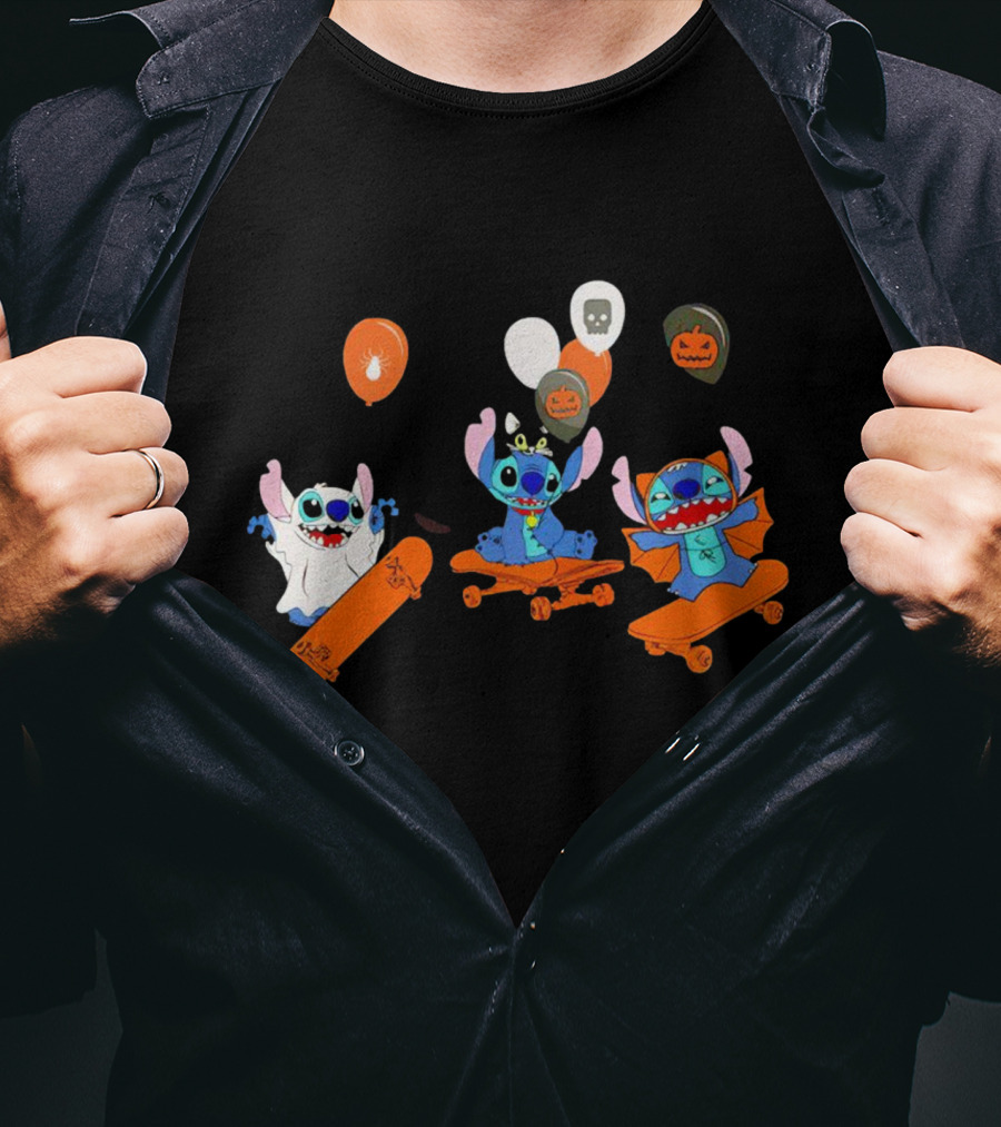 Stitch Skateboarding Halloween Balloons Cute Ghost Pumpkin T-Shirt