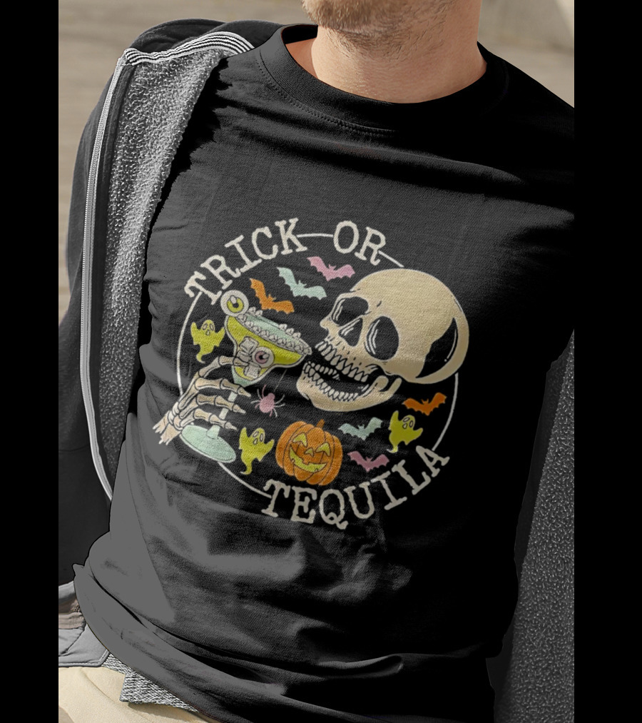 Trick Or Tequila Halloween Skeleton With Margarita, Bats, Ghosts, And Pumpkin T-Shirt