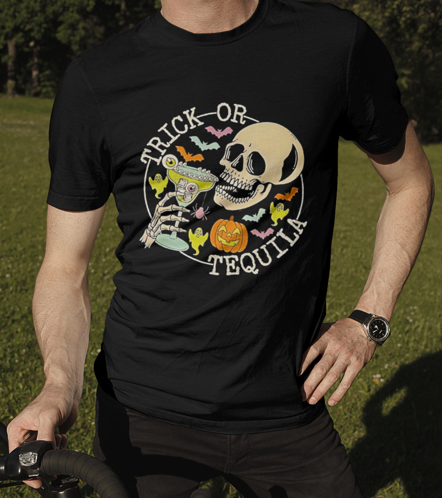 Trick Or Tequila Halloween Skeleton With Margarita, Bats, Ghosts, And Pumpkin T-Shirt
