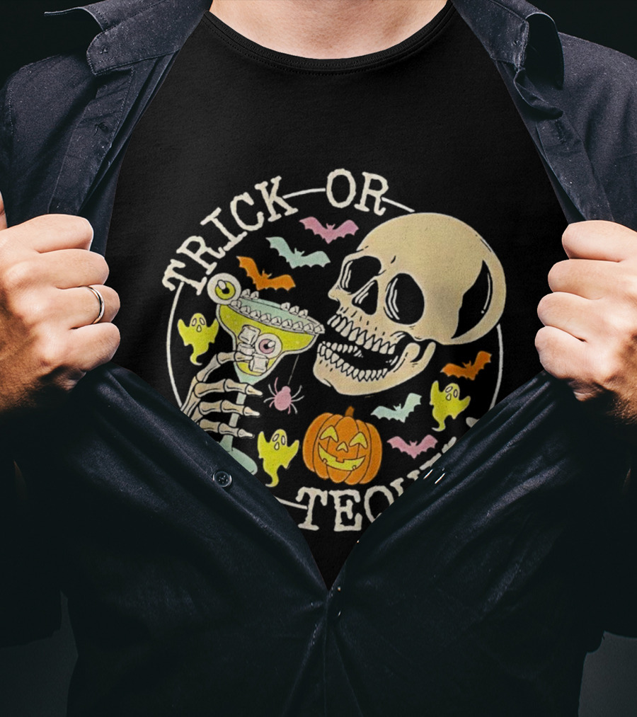 Trick Or Tequila Halloween Skeleton With Margarita, Bats, Ghosts, And Pumpkin T-Shirt