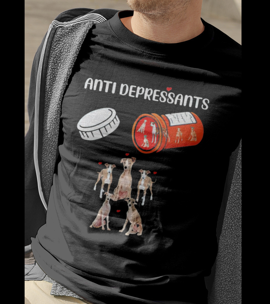 Anti Depressants Dogs Medicine Bottle With Greyhound Puppies T-Shirt
