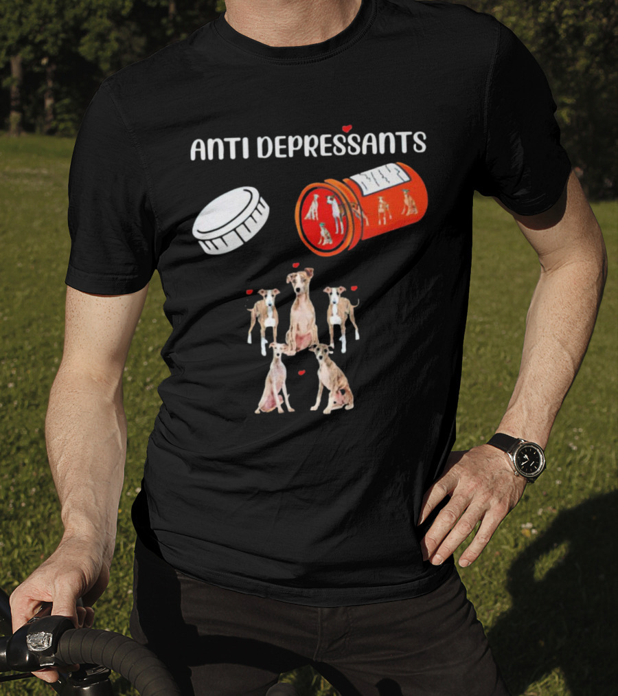 Anti Depressants Dogs Medicine Bottle With Greyhound Puppies T-Shirt