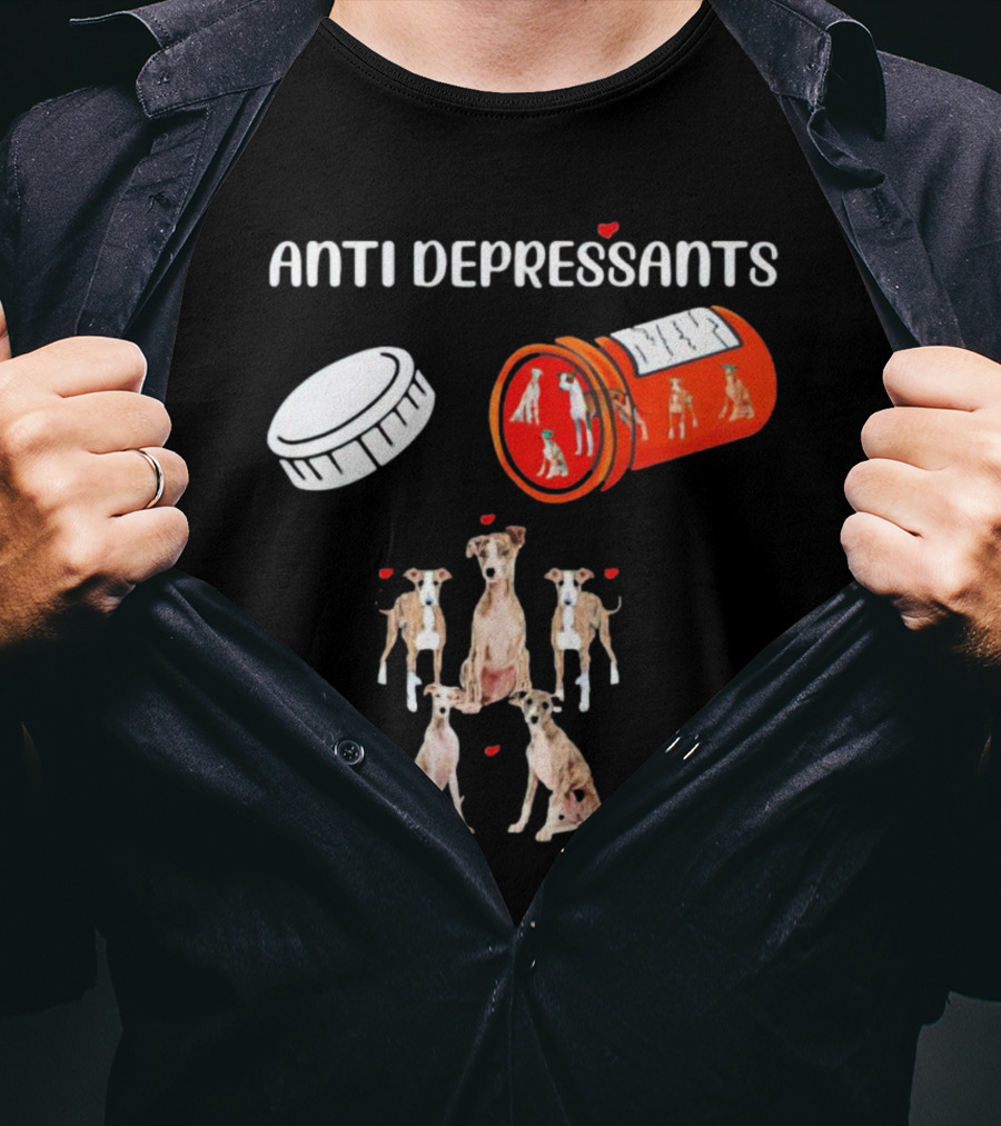 Anti Depressants Dogs Medicine Bottle With Greyhound Puppies T-Shirt