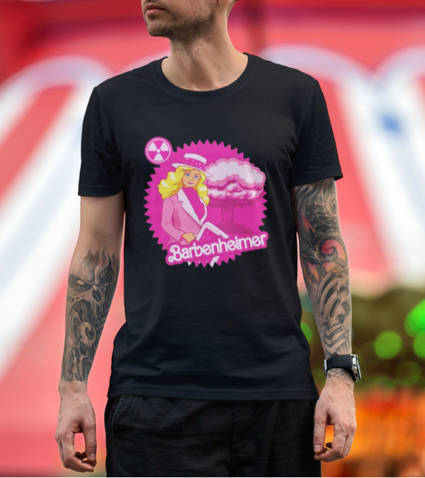 Premium T-Shirt: Barbenheimer Pink Explosion Icon with Radioactive T-Shirt Barbenheimer Pink Explosion Icon with Radioactive T-Shirt
